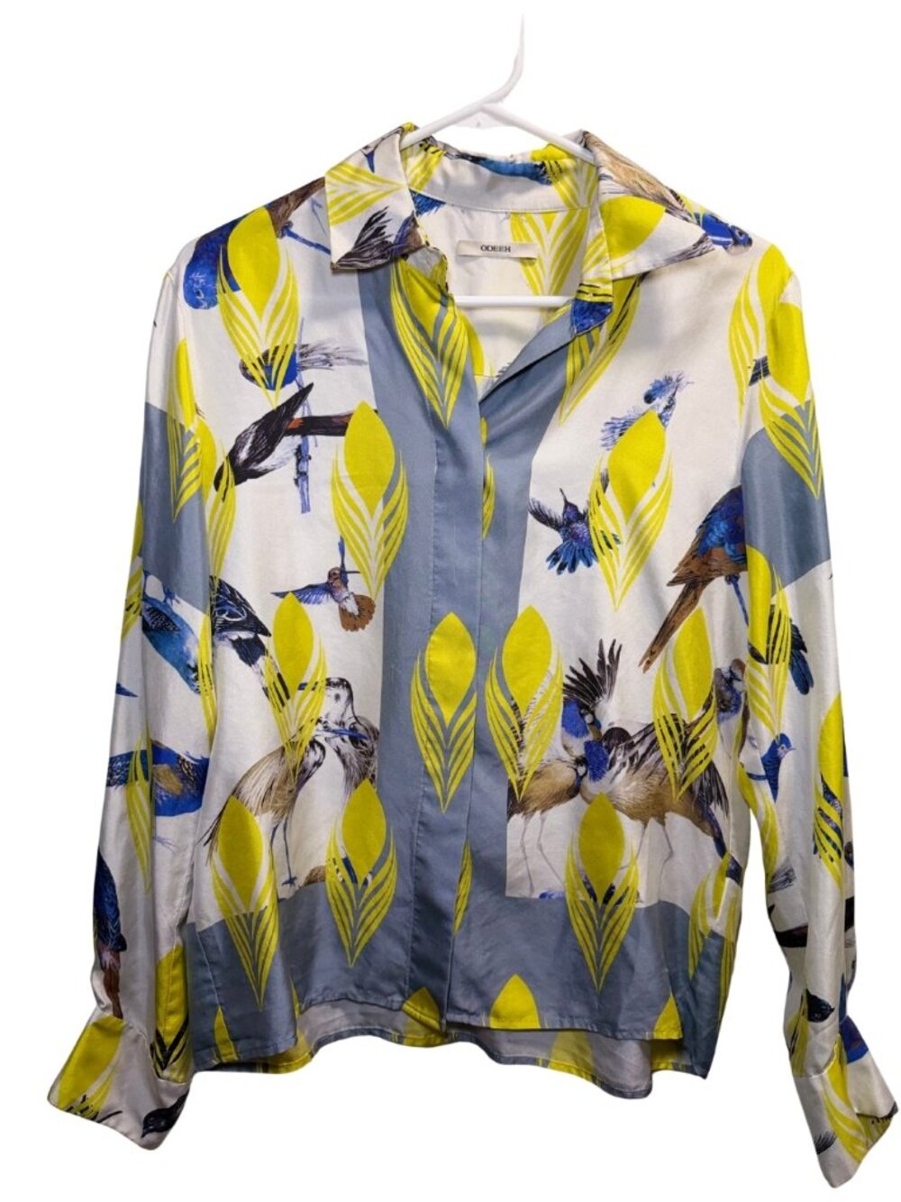 ODEEH Silk Bird Feather Print Blouse Size Small